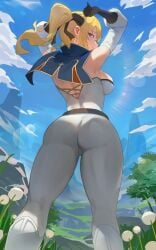 1girls 2022 ass ass_focus blonde_hair blue_eyes breasts female female_only fully_clothed genshin_impact hips hood_x_art jean_gunnhildr large_ass large_breasts long_hair looking_at_viewer looking_back low-angle_view outdoors ponytail sideboob slim_waist smile thick_thighs thighs tight_clothing tight_fit white_clothing wide_hips