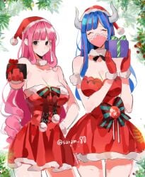 big_breasts blue_eyes blunt_bangs blush christmas cleavage closed_eyes eyes_closed female female_only gloves horns one_piece perona pink_hair post-timeskip presents saram_80 skirt slq tagme ulti_(one_piece)