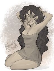 1girls arms_up cleavage disney encanto female female_only latina light-skinned_female monochrome palmergranate pepa_madrigal thick_thighs tooth_gap towel wide_hips