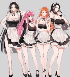 4girls bare_shoulders big_breasts black_eyes black_hair blue_eyes blunt_bangs blush boa_hancock brown_eyes choker cleavage female female_only grey_background heels high_heels large_breasts maid maid_headdress maid_uniform multiple_girls nami nico_robin one_piece orange_hair perona pink_hair post-timeskip saram_80 slq tagme thighs