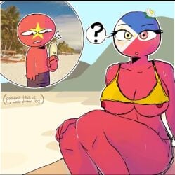 alternate_version_available beach big_breasts bikini countryhumans countryhumans_girl female flower_in_hair hi_res no_sex philippines_(countryhumans) thick_thighs vietnam_(countryhumans)