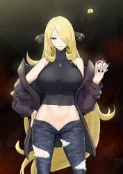 1girls 2021 bare_shoulders black_jacket black_nails black_sweater blonde_hair breasts clothing cropped_sweater cynthia_(pokemon) denim female female_focus garchomp glowing glowing_eyes hair_ornament hair_over_one_eye highres holding_poke_ball jacket jewelry large_breasts long_hair looking_at_viewer midriff nail_polish navel necklace nintendo no_panties open_clothes open_jacket open_pants pants pokémon_(species) poke_ball pokemon pokemon_(species) pokemon_dppt ribbed_sweater sky_(freedom) sleeveless sleeveless_turtleneck smile standing teeth tight_clothing torn_pants turtleneck turtleneck_sweater unbuttoned unbuttoned_pants very_long_hair yellow_eyes