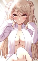 alternate_costume breasts brown_eyes collared_shirt conte_di_cavour_(kantai_collection) female highres kantai_collection large_breasts long_hair long_sleeves looking_at_viewer naked_shirt open_clothes open_shirt shirt silver_hair smile solo two_side_up yomogi_dango