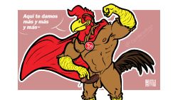 abs animal_humanoid anthro avian avian_humanoid balls biceps bird bodily_fluids brown_body brown_feathers cape cape_only cerdeorhys chicken clothing dripping feathers galliform gallus_(genus) genital_fluids genitals humanoid logo male male_only mostly_nude muscular nude penis phasianid pose precum precum_drip red_background simple_background slogan smile smiling_at_viewer solo spanish_text speech_bubble text touching_penis white_background yellow_body yellow_skin