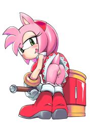 1girls amy_rose anthro ass bent_over blush bottomless bracelet dress eulipotyphlan female footwear gloves hairband handwear hedgehog mammal miniskirt naughty_face no_panties panties panties_down piko_piko_hammer pink_fur pink_hair pussy shoes short_hair smile smug solo sonic_(series) tail teenage_girl teenager tojyo white_background young