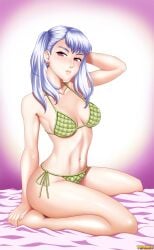 1girls bangs bed bikini black_clover female female_only hand_on_head legs looking_at_viewer medium_breasts noelle_silva pink_eyes pose purple_background silver_hair simple_background sitting solo tenzen toned twintails white_background