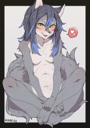 2022 4_toes anthro ayabemiso blue_hair blush bodily_fluids breasts canid canine canis claws convenient_censorship crossed_legs cum cum_in_mouth cum_inside cute_fangs feet female fur genital_fluids grey_body grey_fur grey_hair hair half-closed_eyes heart hi_res kemono long_hair looking_at_viewer mammal multicolored_body multicolored_fur multicolored_hair narrowed_eyes naughty_face navel nude open_mouth paws signature solo toe_claws toes tongue translated_description two_tone_body two_tone_fur white_body white_fur wolf yellow_eyes