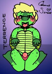 anthro bell black_collar blonde_hair blush blush_lines clothing collar flat_colors freckles freckles_on_butt freckles_on_shoulders genitals glistening glistening_genitalia glistening_penis gradient_background green_body green_scales green_shell hair looking_at_viewer looking_pleasured male male_only no_shading open_mouth panties paw_pose penis pose queen_susie red_clothing red_panties red_underwear reptile scales scalie shell signature simple_background solo stain stained_clothing stained_panties stained_underwear submissive submissive_anthro submissive_male terrence_(wetwaffls) text tongue tongue_out tortoise turtle turtle_shell underwear wet wet_clothing wet_panties wet_stain wet_underwear wide_hips