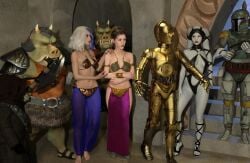 3d 3girls 5boys alien alien_boy alien_girl alien_humanoid belly_dancer belly_dancer_outfit blue_hair blue_skin boba_fett body_wraps brown_hair c-3po crossed_arms dancer dancer_outfit dazinbane gamorrean green-skinned_male green_skin grey-skinned_female grey_skin hair_ornament harem harem_girl harem_outfit harem_pants human humanoid jawa jess_(star_wars) light-skinned_female light_skin lyn_me mandalorian matching_outfit multicolored_hair multiple_girls princess_leia_organa slave slave_bikini slave_collar slave_leia slave_leia_costume slave_outfit slavegirl star_wars twi'lek white_hair