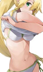 1girls bikini blonde_hair blush braid breasts eyebrows_visible_through_hair eyes_visible_through_hair green_eyes hiroki_yyqw7151 kirigaya_suguha leafa long_hair looking_at_viewer medium_breasts navel pointy_ears shirt short_sleeves side-tie_bikini simple_background solo swimsuit sword_art_online t-shirt tagme undressing white_background white_bikini white_shirt