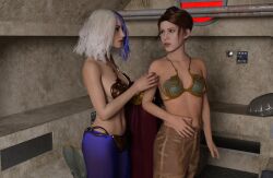 2girls 3d belly_dancer belly_dancer_outfit blue_hair boots brown_eyes brown_hair dazinbane dressing female female_only harem_girl harem_outfit harem_pants jess_(star_wars) medium_breasts multicolored_hair pants princess_leia_organa prison_cell star_wars undressing white_hair