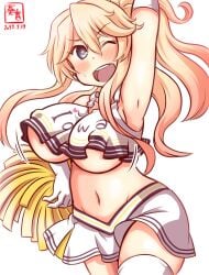 alternate_costume armpits artist_logo blonde_hair blue_eyes breasts cheering cheerleader clothes_writing cowboy_shot crop_top dated elbow_gloves eyebrows_visible_through_hair female gloves hair_between_eyes holding holding_pom_poms iowa_(kantai_collection) kanon_(kurogane_knights) kantai_collection large_breasts looking_at_viewer midriff miniskirt navel one-hour_drawing_challenge open_mouth pleated_skirt pom_pom_(cheerleading) ponytail shirt simple_background skirt sleeveless sleeveless_shirt smile solo standing standing_on_one_leg star-shaped_pupils star_(symbol) symbol-shaped_pupils thighhighs white_background white_gloves