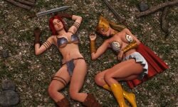 2girls 3d armor bikini_armor blonde_hair boots bracelet cape cleavage clothing crossover defeated defeated_heroine female female_only furbs3d gloves large_breasts miniskirt on_ground princess_adora red_cape red_hair red_sonja red_sonja_(comics) scale_armor scale_armor_bikini she-ra she-ra_princess_of_power skimpy sword weapon