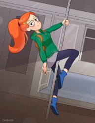 1girls absurd_res backpack bag cartoon_network clothing eyewear female female_only footwear glasses human infinity_train ohiekhe orange_hair pole pole_dancing solo stripper_pole train tulip_olsen