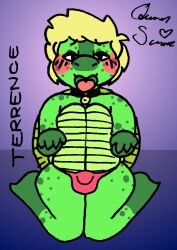 anthro bell big_bulge black_collar blonde_hair blush blush_lines bulge clothing collar flat_colors freckles freckles_on_butt freckles_on_shoulders gradient_background green_body green_scales green_shell hair looking_at_viewer looking_pleasured male male_only no_shading open_mouth pantie_bulge panties paw_pose pose queen_susie red_clothing red_panties red_underwear reptile scales scalie shell signature simple_background solo submissive submissive_anthro submissive_male terrence_(wetwaffls) text tongue tongue_out tortoise turtle turtle_shell underwear wide_hips