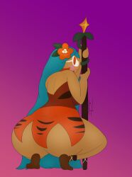 big_ass big_breasts big_butt bottomless cookie cookie_run female female_only gazaster hair_front looking_at_viewer solo spear squatting tiger_lily_cookie