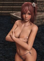 1girls 3d bikini_bottom covering_breasts dead_or_alive female female_only furbs3d honoka_(doa) large_breasts looking_at_viewer medium_hair pink_hair pink_nipples pool side_ponytail solo standing_in_water topless voluptuous water