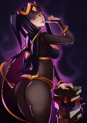 1girls ass bangs big_ass black_nails bodystocking book book_stack breasts cape clothed clothing female female_only fire_emblem fire_emblem_awakening long_hair looking_back medium_breasts nail_polish nintendo pink_eyes purple_hair smile solo splashbrush tharja_(fire_emblem)