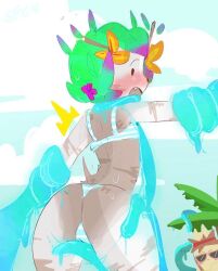 beach bikini blush bushranger_(fortnite) cute female flat_chest fortnite green_hair leaves leaves_hair neck_grab panties plant_girl rule_63 sfc slurp_(fortnite) stuck tagme tentacle