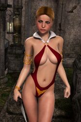 1girls 3d armlet blonde_hair blue_eyes buffy_summers buffy_the_vampire_slayer cosplay crossover_cosplay dagger furbs3d large_breasts sarah_michelle_gellar underboob vampirella_(cosplay)