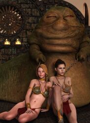 2girls 3d armlet belly_dancer belly_dancer_outfit blonde_hair boots bracelet braided_hair brown_eyes brown_hair chain_leash chained cleavage dancer dancer_outfit enslaved_royal femsub furbs3d hair_ornament harem harem_girl harem_outfit hutt jabba_the_hutt large_breasts loincloth long_hair looking_at_viewer princess_leia_organa return_of_the_jedi silver_eyes slave slave_bikini slave_collar slave_leia slave_outfit slavegirl star_wars submissive_female voluptuous