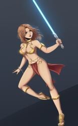 1girls belly_chain belly_dancer belly_dancer_outfit cleavage dancer dancer_outfit harem_girl harem_outfit jedi jewelry large_breasts light_brown_hair lightsaber loincloth medium_hair original_character sandals skerry slave slave_bikini slave_collar slave_leia_(cosplay) slave_outfit slavegirl star_wars