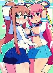 2girls big_breasts blush bra breast_to_breast breasts brown_hair crossover disney disney_channel disney_xd doki_doki_literature_club eye_contact female female_only giffany gravity_falls green_eyes hair_ribbon long_hair looking_at_viewer monika_(doki_doki_literature_club) pink_eyes pink_hair ponytail school_uniform schoolgirl skirt smile spoken_heart standing straight_hair thick_thighs thong tony_welt trait_connection