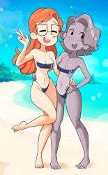 2girls areola_slip areolae artist_name artist_signature barefoot beach bikini cartoon_network closed_eyes feet hi_res infinity_train lake_(infinity_train) metal metal_breasts metal_hair metal_skin metallic_body multiple_girls navel ocean ohiekhe sand silver_eyes silver_hair silver_skin smile toes tulip_olsen water watermark