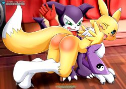 anthro ass bbmbbf big_breasts blush breasts diamond_level digihentai digimon digimon_tamers female furry impmon male one_eye_closed open_mouth palcomix pietros_secret_club red_ass renamon spanking tongue