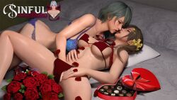 2girls 3d bikini brown_hair chocolate dead_or_alive dead_or_alive_xtreme_venus_vacation erect_nipples fingering french_kiss green_hair hand_in_panties heart_shape_box lying_on_back lying_on_bed misaki_(doa) sinful_desire_ent tamaki_(doa) valentine's_day yuri