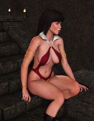 1girls 3d armlet big_breasts black_hair boots furbs3d green_eyes long_hair sling_bikini thick_thighs vampirella voluptuous