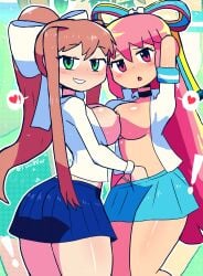 2girls areolae arms_behind_head big_breasts blush breast_to_breast breasts brown_hair crossover disney disney_channel disney_xd doki_doki_literature_club eye_contact female female_only fingering giffany gravity_falls green_eyes hair_ribbon hand_in_another's_panties hand_in_another's_skirt hand_in_panties hand_in_skirt hand_under_skirt implied_fingering long_hair looking_at_viewer monika_(doki_doki_literature_club) nipples pink_eyes pink_hair ponytail school_uniform schoolgirl skirt smile spoken_heart standing straight_hair thick_thighs thong tony_welt trait_connection yuri