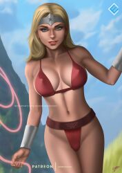 1girls bikini blonde_hair blue_eyes bracelet cassie_sandsmark dc dc_comics erect_nipples evandromenezes lasso_of_truth long_hair looking_at_viewer tiara wonder_girl wonder_woman_(series)