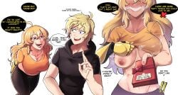 1boy 1girls 2022 areolae big_breasts blonde_hair blush breasts dialogue english_text female heavy_breathing hentaly human jaune_arc leggings long_hair male nipples pants rwby shirt_lift smile speech_bubble text valentine's_day yang_xiao_long