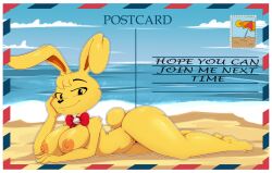 anthro ass beach big_breasts bigdon1992 breasts english_text felix_(mikla) female female_only fur furry furry_only genitals lagomorph leporid mammal naked nipples nude original original_character postcard pussy rabbit rule_63 seaside solo tail text yellow_body yellow_fur