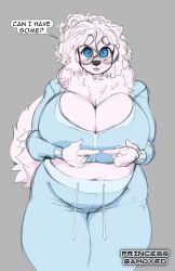 anthro belly big_belly big_breasts blush blushing blushing_at_viewer breasts chubby cleavage clothed clothing cumu cute cute_face english_text female furry glasses huge_breasts looking_at_viewer neck_tuft overweight princesssamoyed round_glasses slightly_chubby solo speech_bubble sports_bra sportswear tagme talking_to_viewer text text_bubble thick_thighs