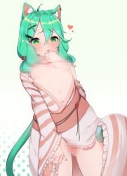 1girls animal_ears ass_visible_through_thighs belly_button breasts breasts_out cat_ears cat_humanoid cat_tail catgirl censored female functionally_nude green_eyes green_hair indie_virtual_youtuber kimono lewdishsnail momomischief mosaic_censoring navel pussy small_breasts solo tail virtual_youtuber