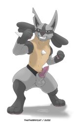 anthro balls bodily_fluids cum genital_fluids genitals hi_res lucario male nintendo penis pokemon pokemon_(species) saliva solo standing thathornycat video_games