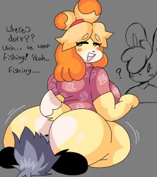 1boy 1girls animal_crossing anthro ass being_watched big_ass big_breasts breasts canine dork_boi facesitting female huge_ass isabelle_(animal_crossing) lewd_dorky male nintendo self_insert stealth_sex tagme thick_thighs
