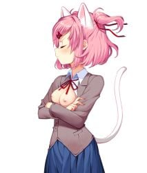 1girls accurate_art_style angry angry_face angry_look blue_skirt breasts breasts_exposed breasts_out_of_clothes cat_ears cat_girl cat_tail catgirl closed_eye closed_eyes crossed_arms crossing_arms doki_doki_literature_club facing_away facing_away_from_viewer facing_to_the_side female female_only natsuki_(doki_doki_literature_club) neko pink_hair school_uniform schoolgirl skirt small_breasts small_nipples solo sprite sprite_art sprite_edit tsundere turning_head uniform white_background