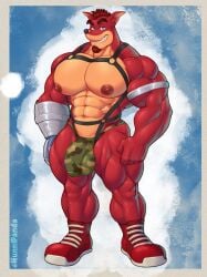 5_fingers abs activision anthro bandicoot bara_tiddies bara_tits bedroom_eyes big_chest big_pecs blue_eyes boots bottomwear brown_body brown_fur brown_hair bulge camo camo_bottomwear camo_clothing camo_jockstrap camo_print clothing crash_(series) crunch_bandicoot cybernetic_arm cybernetic_limb facial_hair fantasizing fingers footwear front_view fur genital_outline gigantic_chest goatee grin hair harness hi_res huge_chest huge_pecs hunnipanda jockstrap large_pectorals looking_at_viewer male male_only mammal manboobs marsupial massive_chest massive_pecs moobs muscular muscular_male narrowed_eyes navel nipples pattern_bottomwear pattern_clothing pecs penis_outline question_mark seductive shirtless signature simple_background smile solo standing tan_body tan_fur thick_thighs thought_bubble underwear video_games