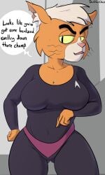 2021 alien anthro anthro_only artist_name big_breasts caitian_(species) clothed collarbone cosplay davidsanchan deanna_troi dr._t'ana english_text exercise_clothing eye_bags fangs felid female furry inner_ear_fluff looking_at_viewer notched_ear orange_fur pointing_at_pussy sagging_breasts speech_bubble star_trek star_trek_lower_decks star_trek_the_next_generation tuft whiskers yellow_sclera