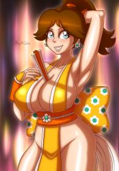 1girls alternate_breast_size alternate_hairstyle arm_behind_head armpits artist_name barely_clothed beg4cake big_breasts blue_eyes breasts brown_hair busty child_bearing_hips cleavage cosplay earrings fatal_fury female female_only flower_earrings hand_on_own_chest hips huge_breasts king_of_fighters light-skinned_female light_skin lips mai_shiranui_(cosplay) mario_(series) milf nintendo no_bra no_panties no_underwear nude_underneath pelvic_curtain ponytail pose posing princess princess_daisy showing_teeth snk solo thick_thighs thighs voluptuous