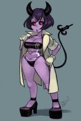 alex_ahad black_hair black_horns black_sclera breasts cleavage demon_girl demon_horns demon_tail dr._bedsyde gloves gris_swimsuit horns labcoat looking_at_viewer medium_breasts platform_heels purple_lips purple_skin red_eyes standing syringe tail