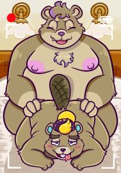 2022 anal animal_crossing anthro backwards_baseball_cap backwards_hat baseball_cap beaver belly blonde_hair blue_eyes blush brown_body brown_fur c.j._(animal_crossing) clothing duo fur gay hair hat headgear headwear hi_res looking_pleasured male male/male male_penetrated male_penetrating male_penetrating_male mammal moobs nintendo nipples overweight penetration recording rodent sex sinribbons ursid video_games