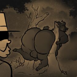 2boys absurd_res anthro backsack big_ass big_balls demon gammanaut girly goat goat_demon hat hi_res highres hooves horn huge_ass large_ass looking_back monochrome nude nude_male obese obese_male sepia stuck wide_hips yaoi