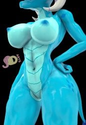 anthro areola blue_body blue_scales breasts curved_horn dragon female friendship_is_magic genitals hand_on_hip hasbro hi_res horn jdarts my_little_pony nipples non-mammal_breasts princess_ember_(mlp) pussy scales solo wide_hips