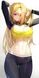 1girls belly belly_button blonde_hair breasts cleavage earring eyebrows_visible_through_hair female female_only goomrrat goomrrat_(グムラット) long_hair midriff original purple_eyes solo solo_female sports_bra tagme touching_hair