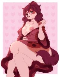 anthro areola border breasts canid canine chest_tuft clothed clothing digital_media_(artwork) exposed_breasts eyelashes eyewear female glasses hair hi_res jush mammal nipple_outline nipples pattern_background pink_areola pink_eyes pink_nipples red_eyewear red_glasses red_hair round_glasses shaded simple_background sitting solo tuft white_border