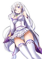 10s 1girls :o ass_visible_through_thighs bangs blunt_bangs blush bow breasts cleavage elf elf_ears elf_female emilia_(re:zero) eyebrows_visible_through_hair female flower gluteal_fold hair_flower hair_ornament hair_ribbon hairbow hairclip large_breasts long_hair looking_at_viewer looking_down minato_yoshihiro miniskirt panties pantyshot pointy_ears purple_eyes purple_ribbon re:zero_kara_hajimeru_isekai_seikatsu ribbon rose sidelocks silver_hair simple_background skirt solo teenage_girl teenager thighhighs underwear very_long_hair white_background white_flower white_legwear white_panties white_rose